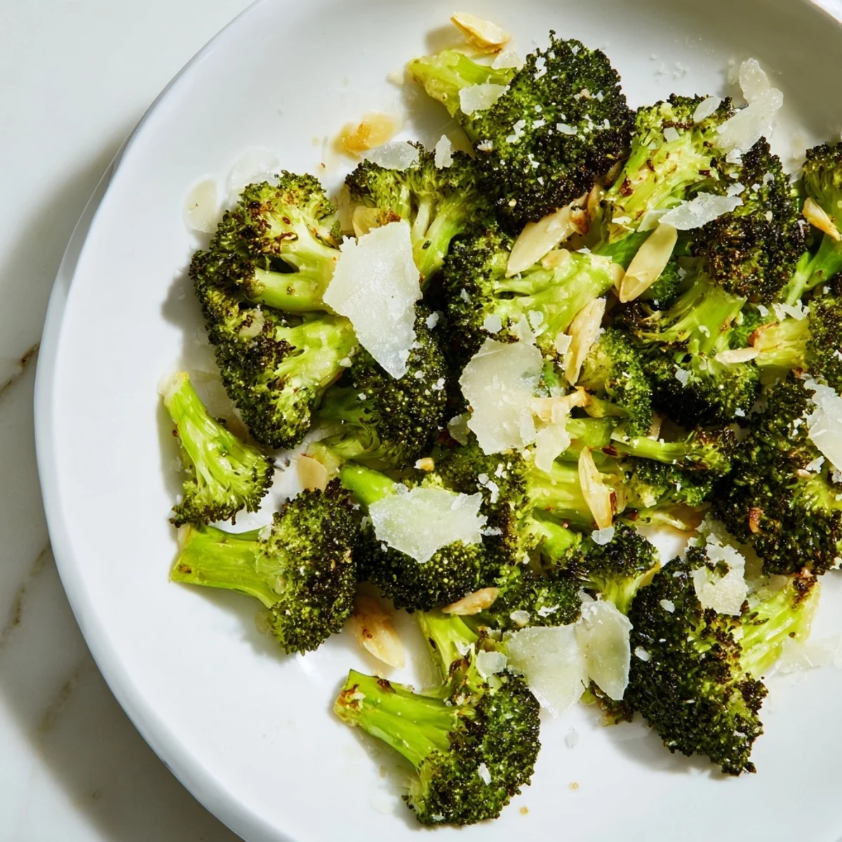 Crispy roasted broccoli with garlic and Parmesan cheese, finished with lemon zest on a white plate for a bright side dish.