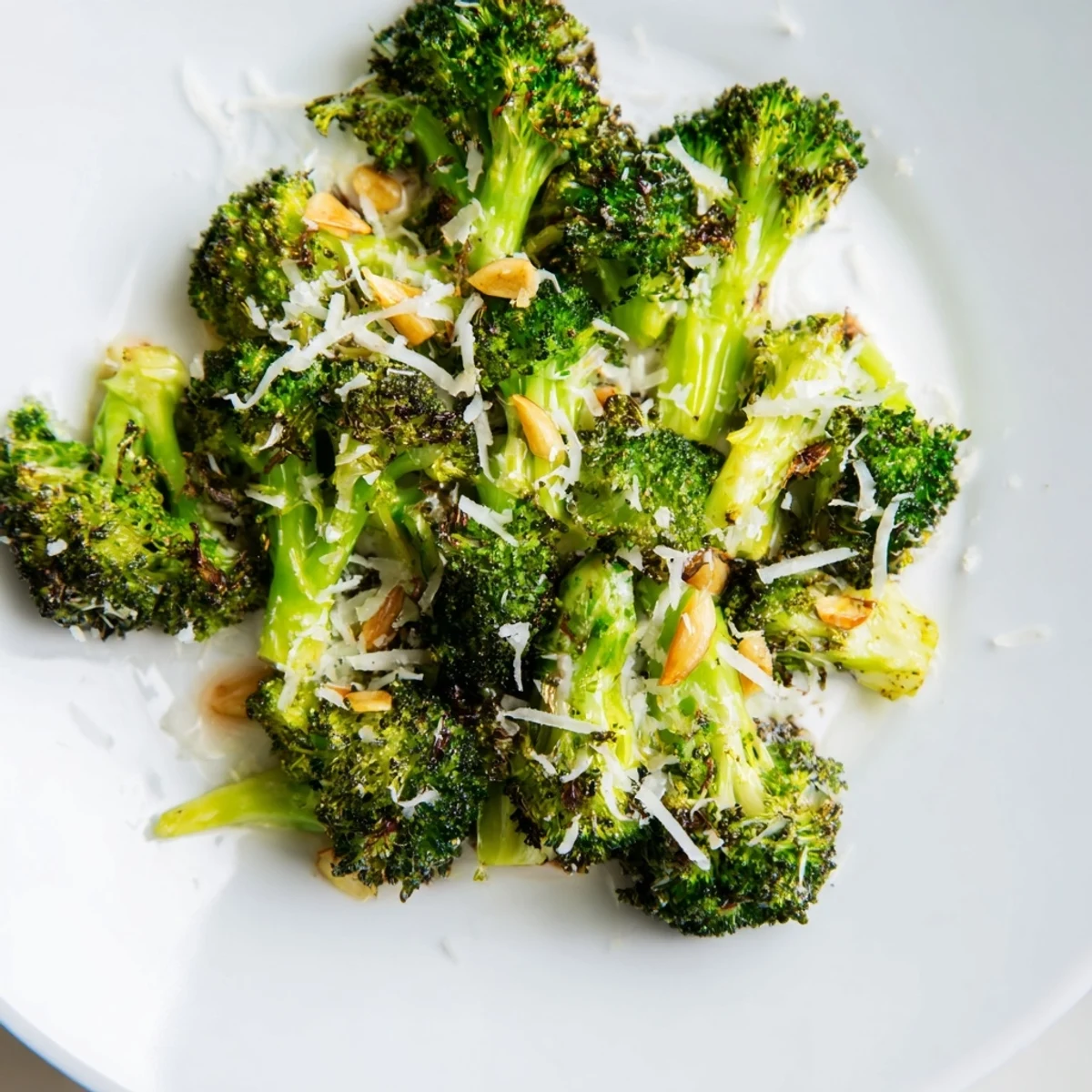 Freshly roasted broccoli with garlic and Parmesan cheese paired with grilled chicken on a rustic wooden table for dinner.