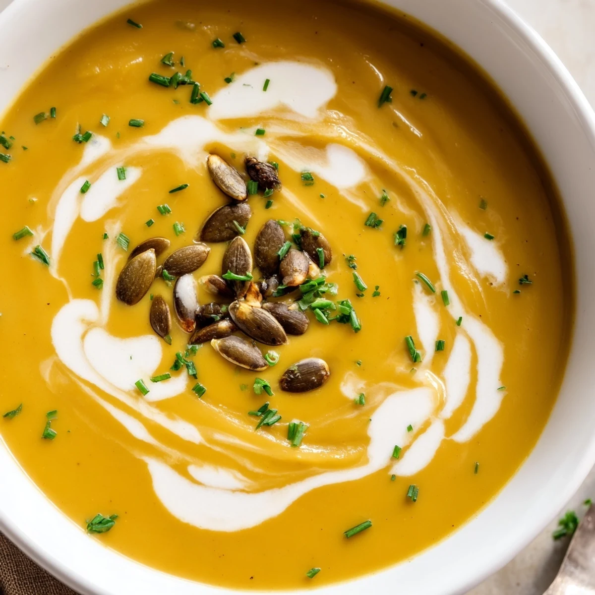Creamy orange Winter Squash Soup with Apple and Ginger served in a rustic bowl, garnished with pumpkin seeds.