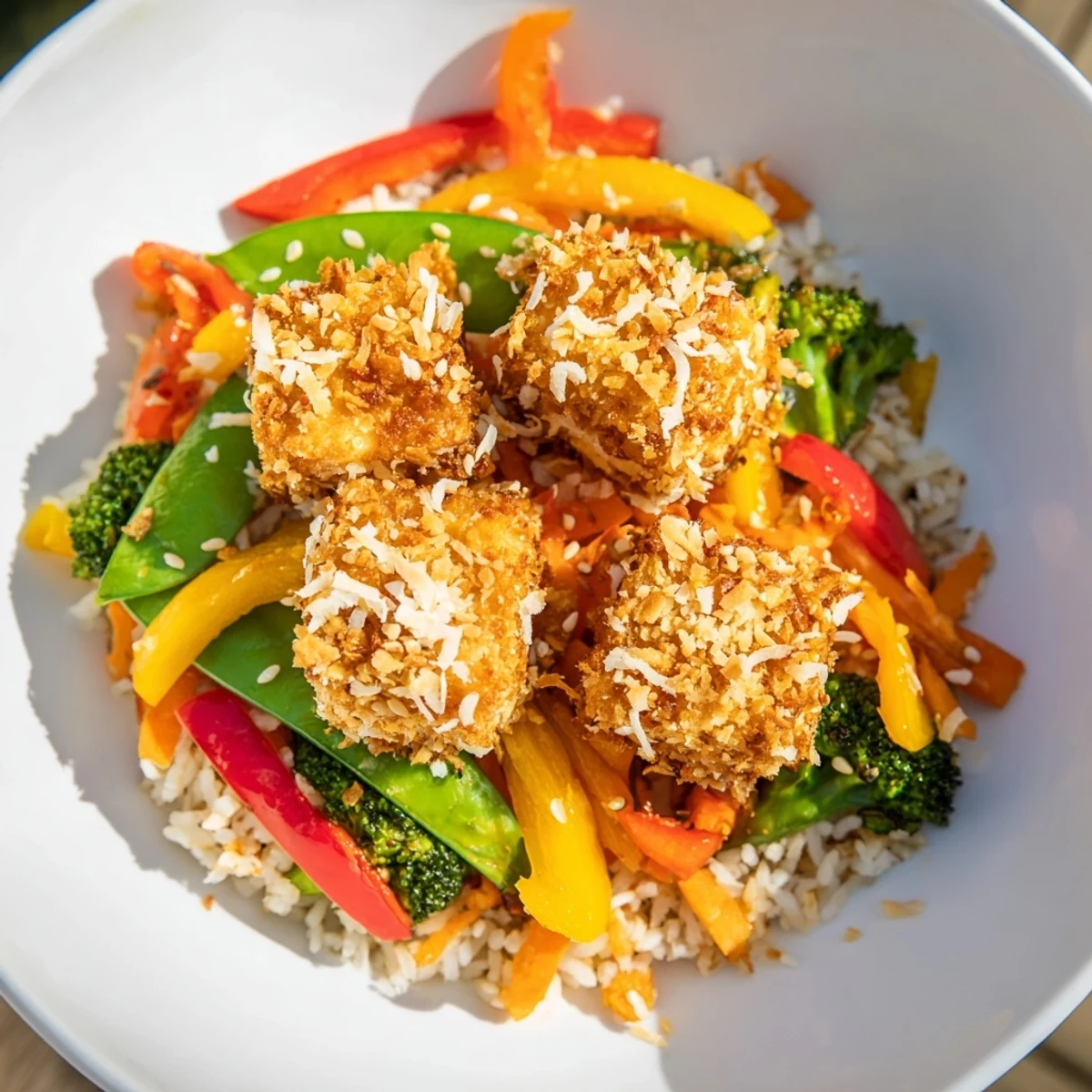 Fork-tender tofu coated in shredded coconut sits atop fluffy rice with colorful veggies.