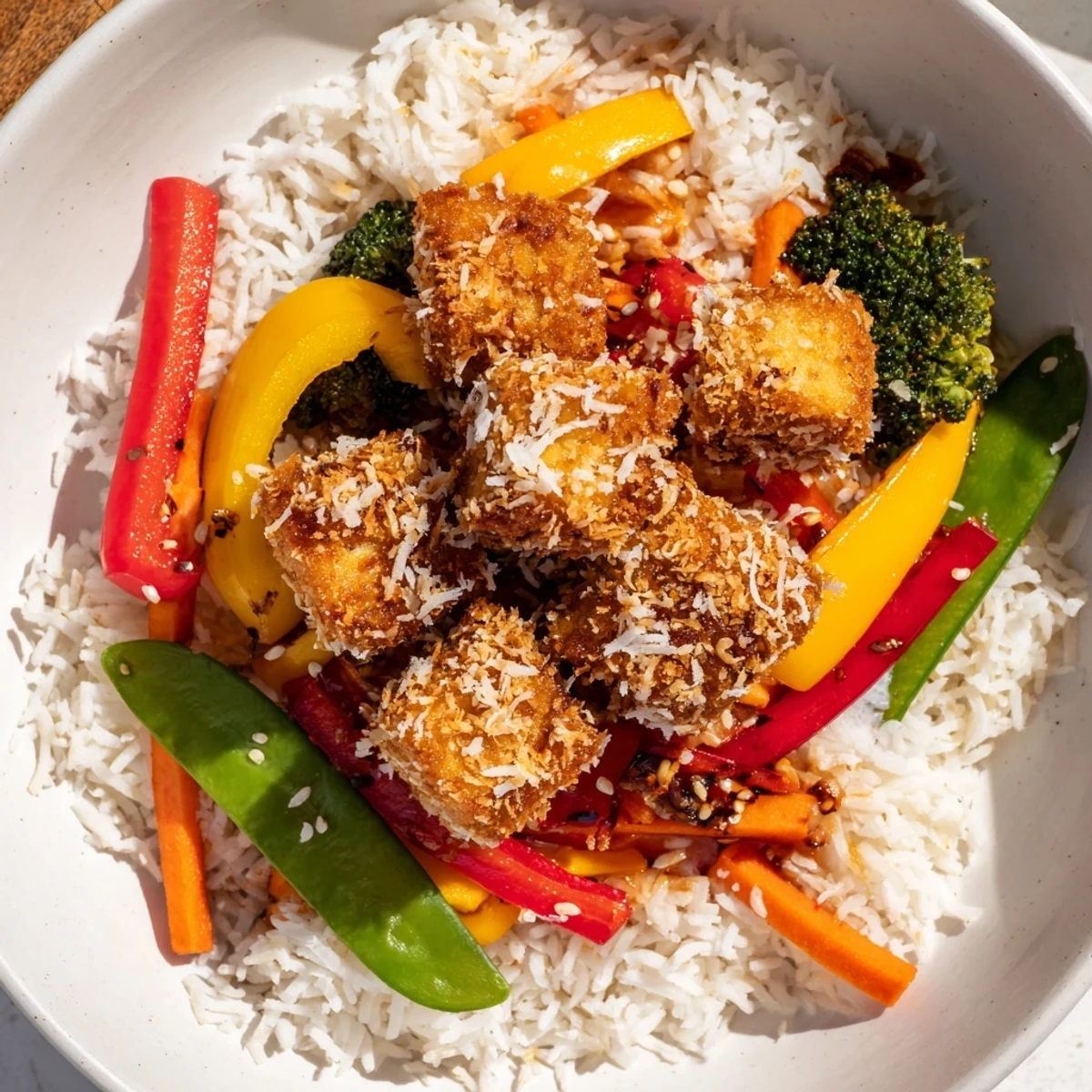 Golden-brown crispy coconut tofu rests on fluffy jasmine rice beside vibrant stir-fry vegetables.