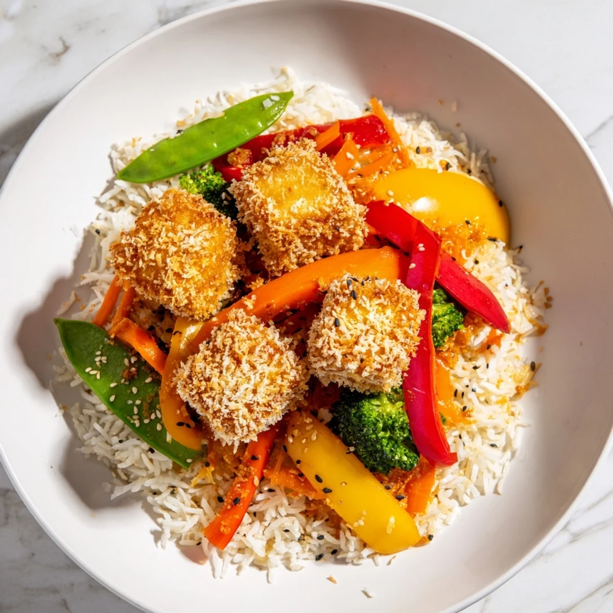 Warm vegan dinner bowl featuring golden coconut tofu, crisp stir-fried vegetables, and steaming jasmine rice.
