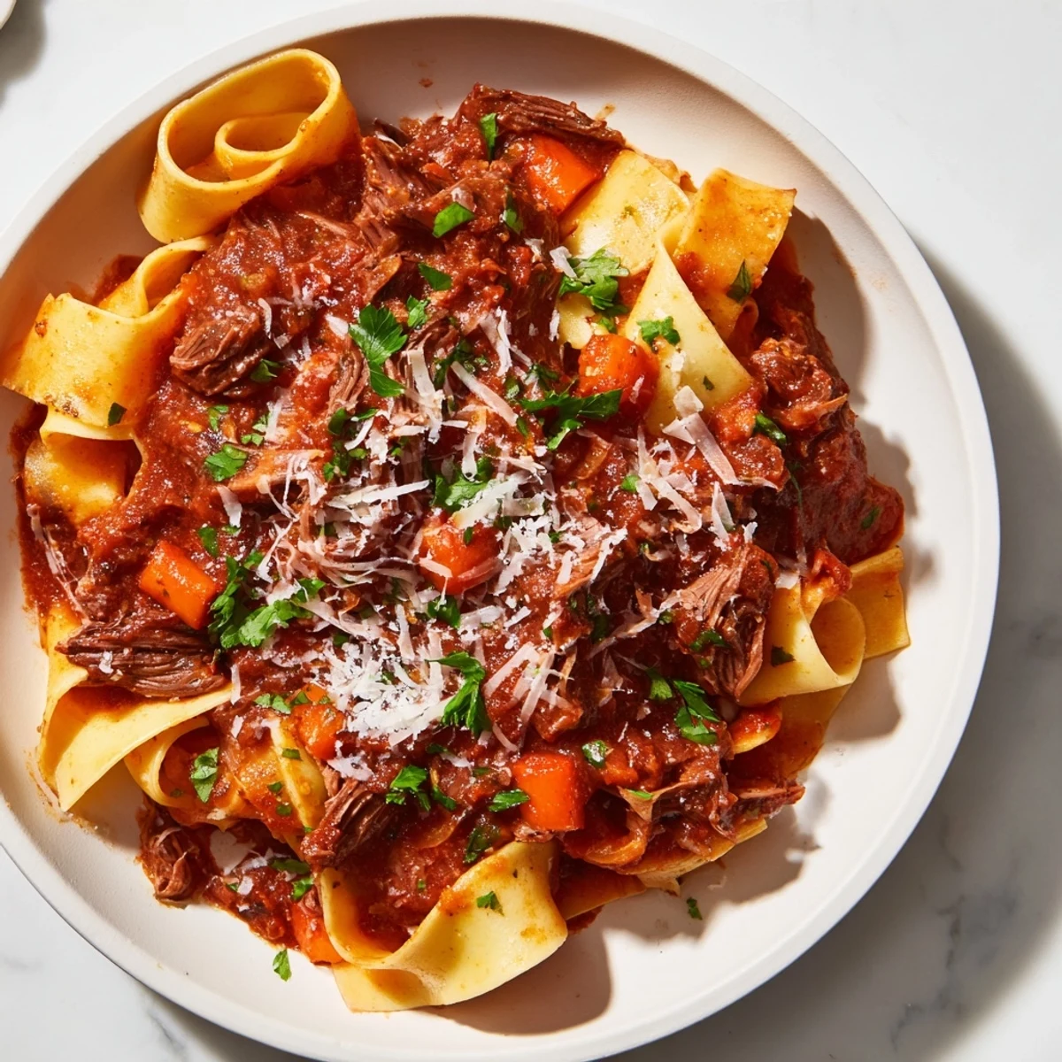 Slow-cooked Slow Cooker Beef Ragu with Pappardelle Pasta, served steaming in a rustic bowl with fresh parsley and Parmesan.