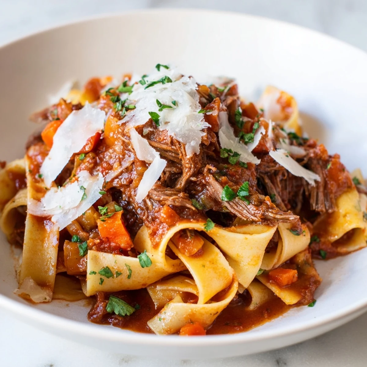 Hearty Slow Cooker Beef Ragu with Pappardelle Pasta twirled on a fork, showcasing tender shredded beef and rich, velvety red sauce.
