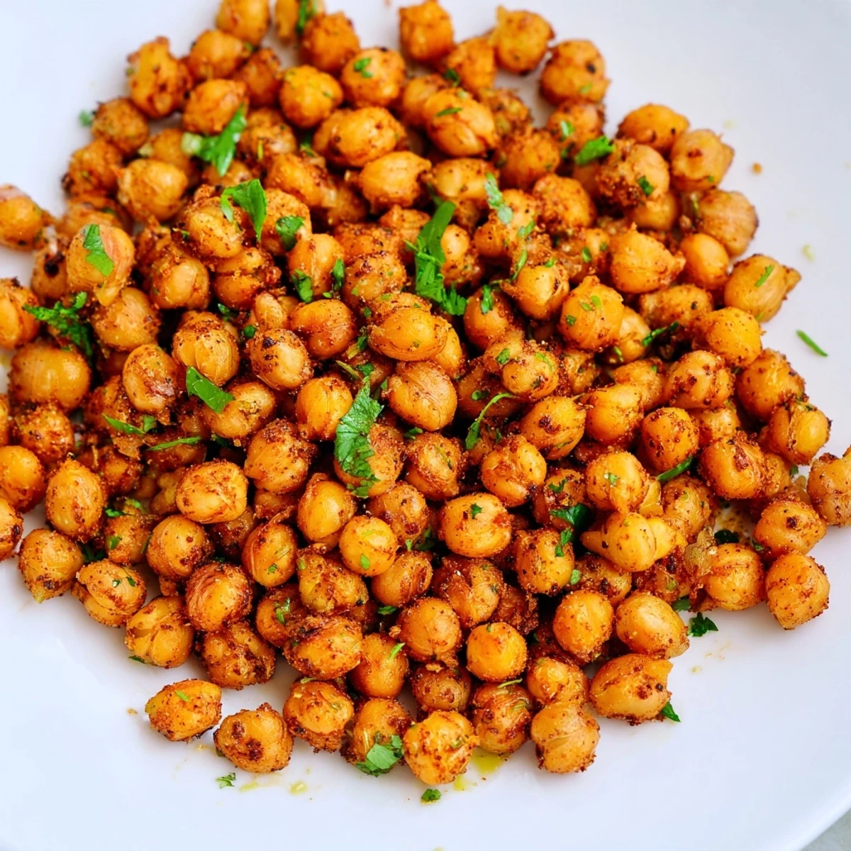 Golden-brown Spicy Roasted Chickpeas with Cumin and Chili Powder are served warm in a rustic bowl, perfect for snacking.