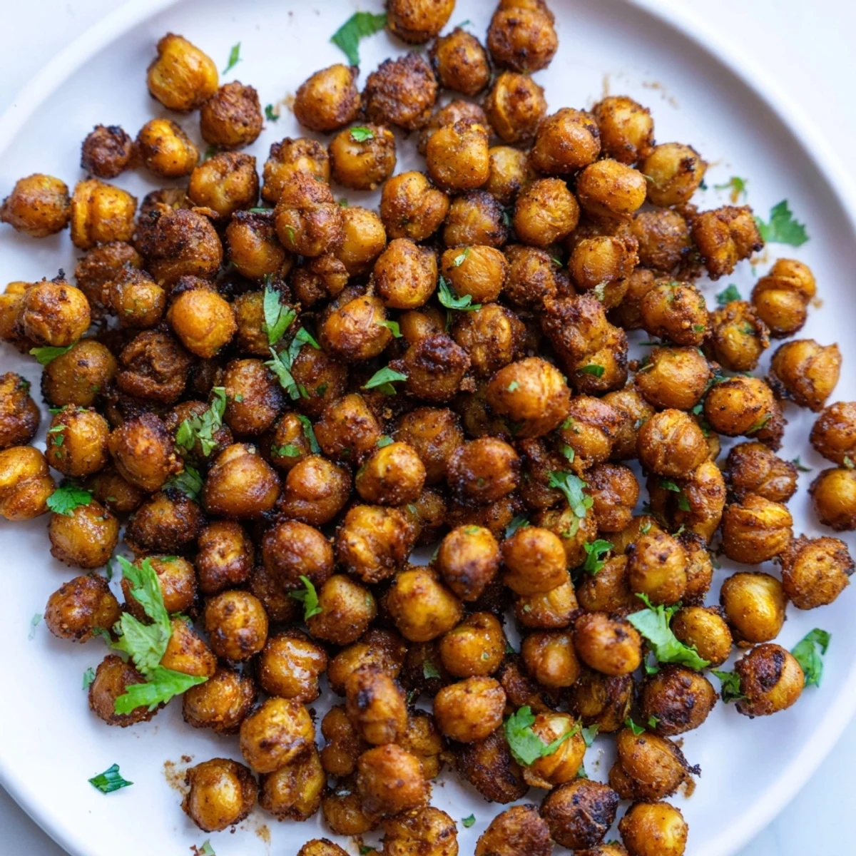 Vibrant bowl of Spicy Roasted Chickpeas with Cumin and Chili Powder ready for a healthy salad topping or dip.