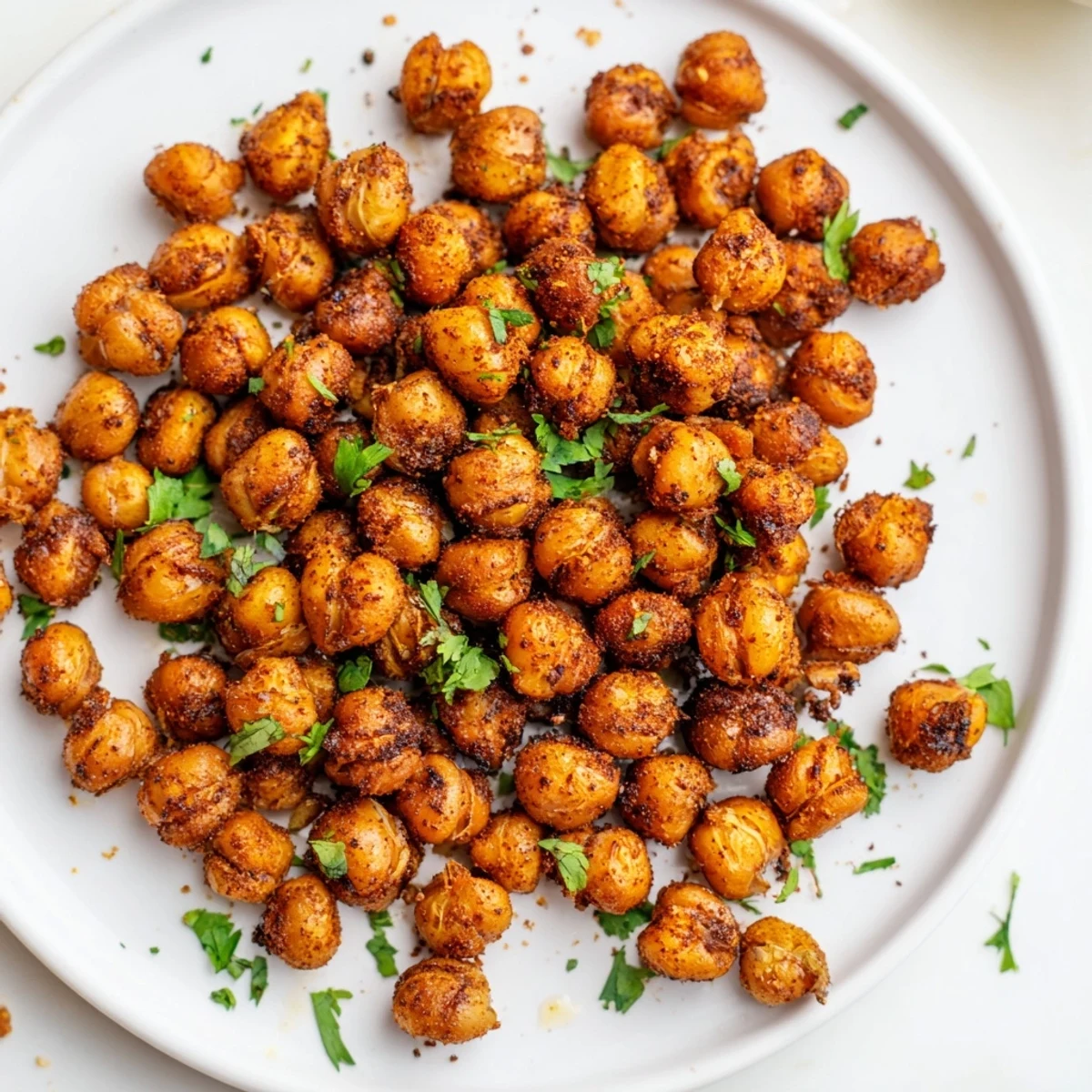 A close-up shows Spicy Roasted Chickpeas with Cumin and Chili Powder, crispy and piled high with fresh cilantro garnish.