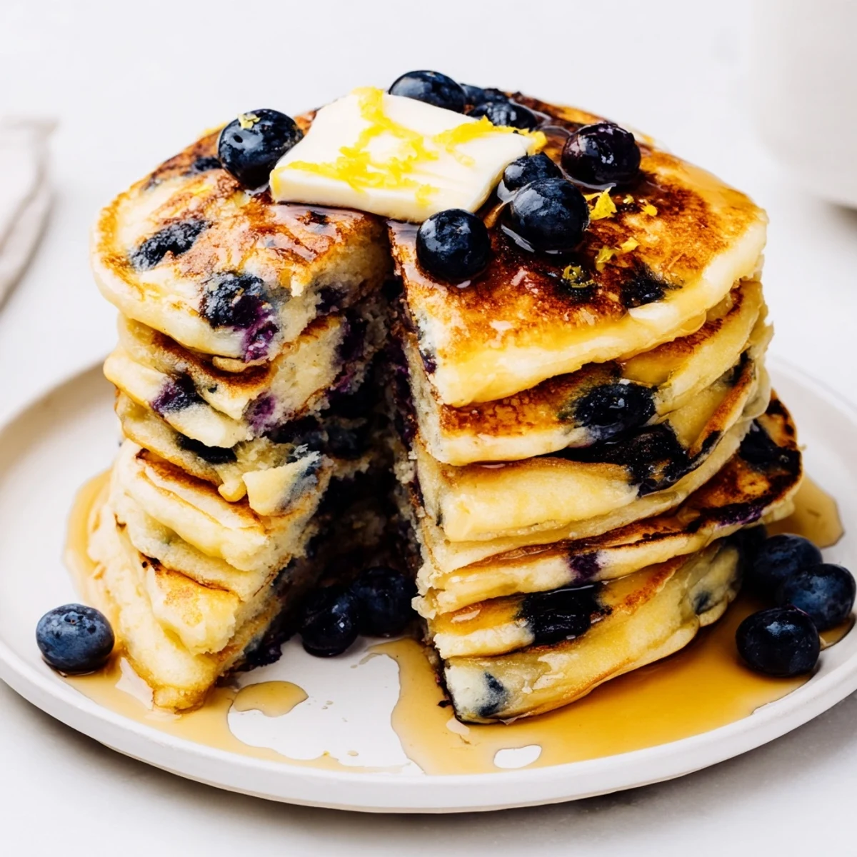 Fluffy Lemon Blueberry Pancakes simmering on a griddle, filled with fresh blueberries and bright lemon zest.