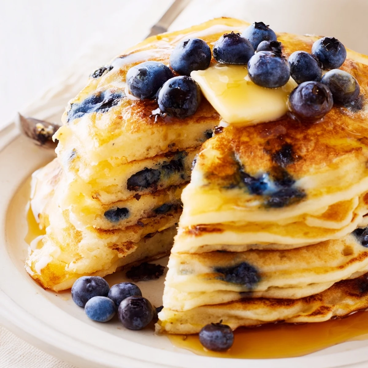 Golden-brown Lemon Blueberry Pancakes stacked high, topped with extra berries and a drizzle of warm maple syrup.