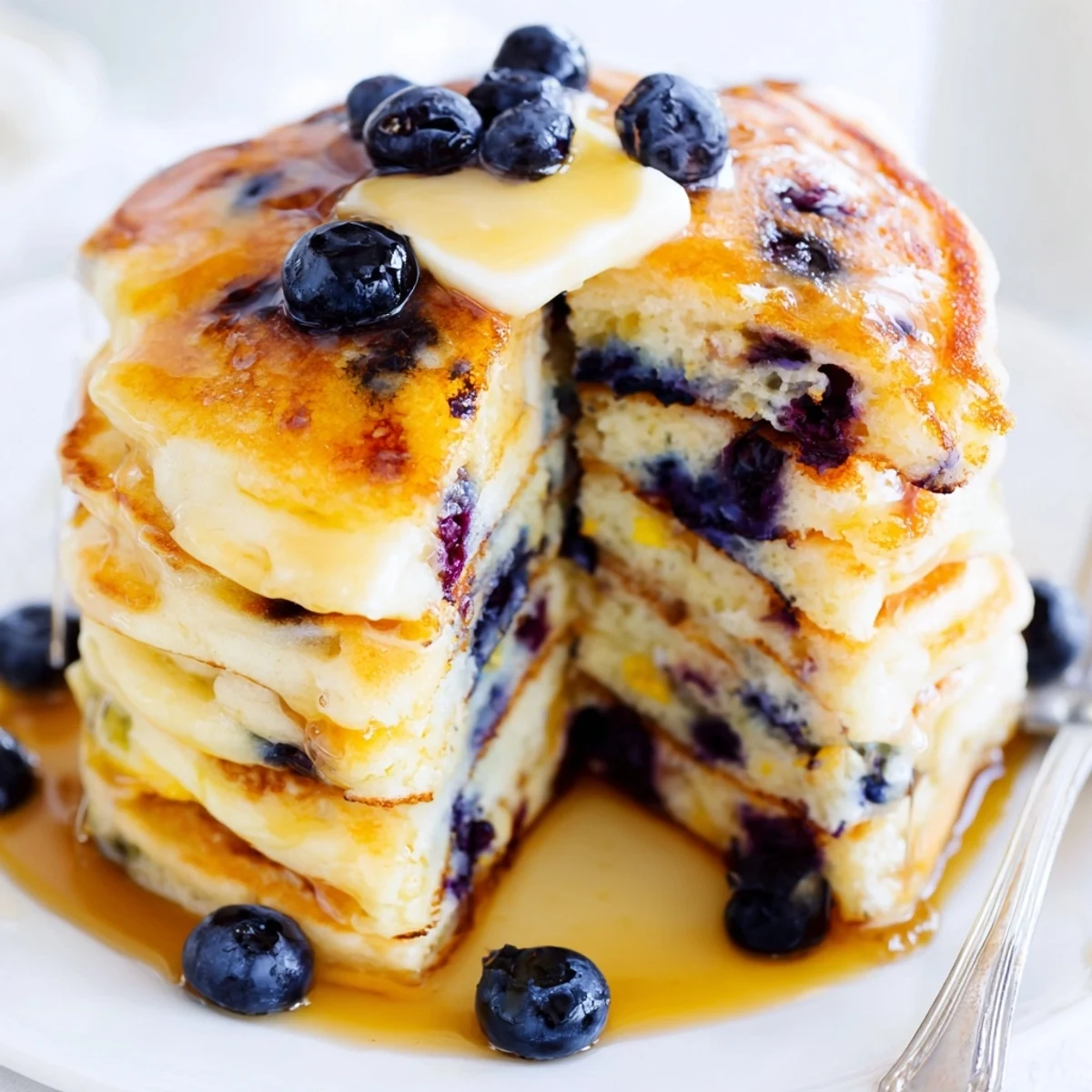 Breakfast plate of fluffy Lemon Blueberry Pancakes topped with butter, blueberries, and warm maple syrup drizzle.