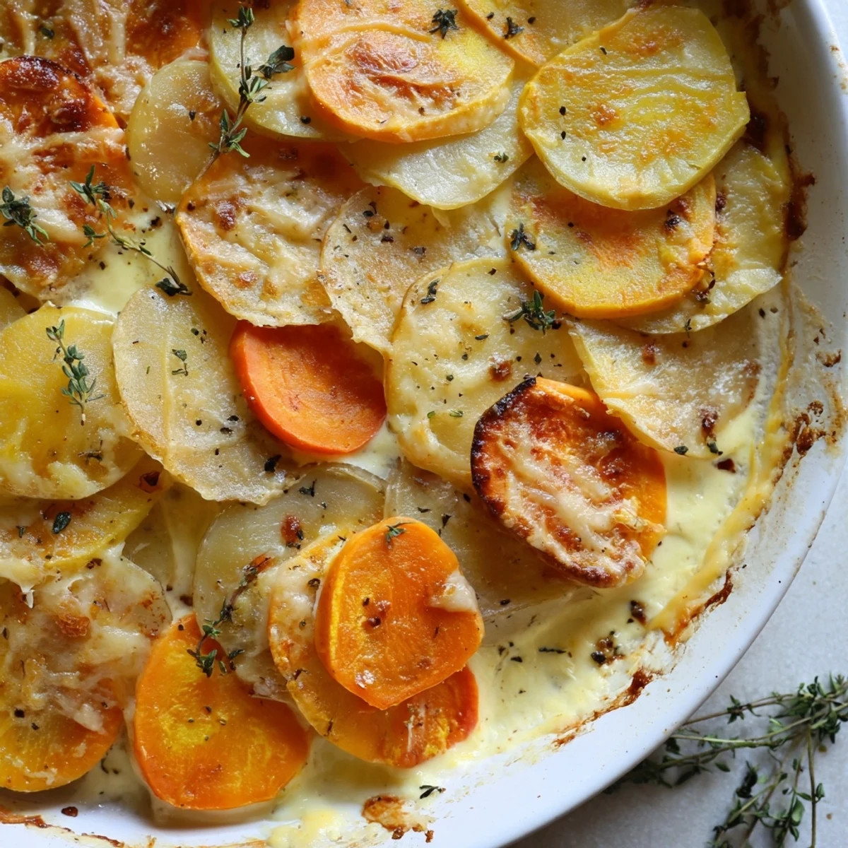 Golden-baked Winter Vegetable Gratin with bubbly Gruyere and fresh thyme garnish, served warm.