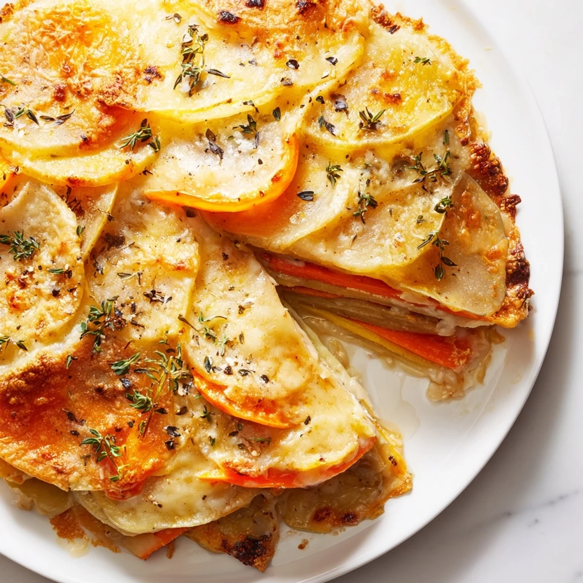 Sliced root vegetables layered in creamy sauce inside a white baking dish, bubbling under crust.