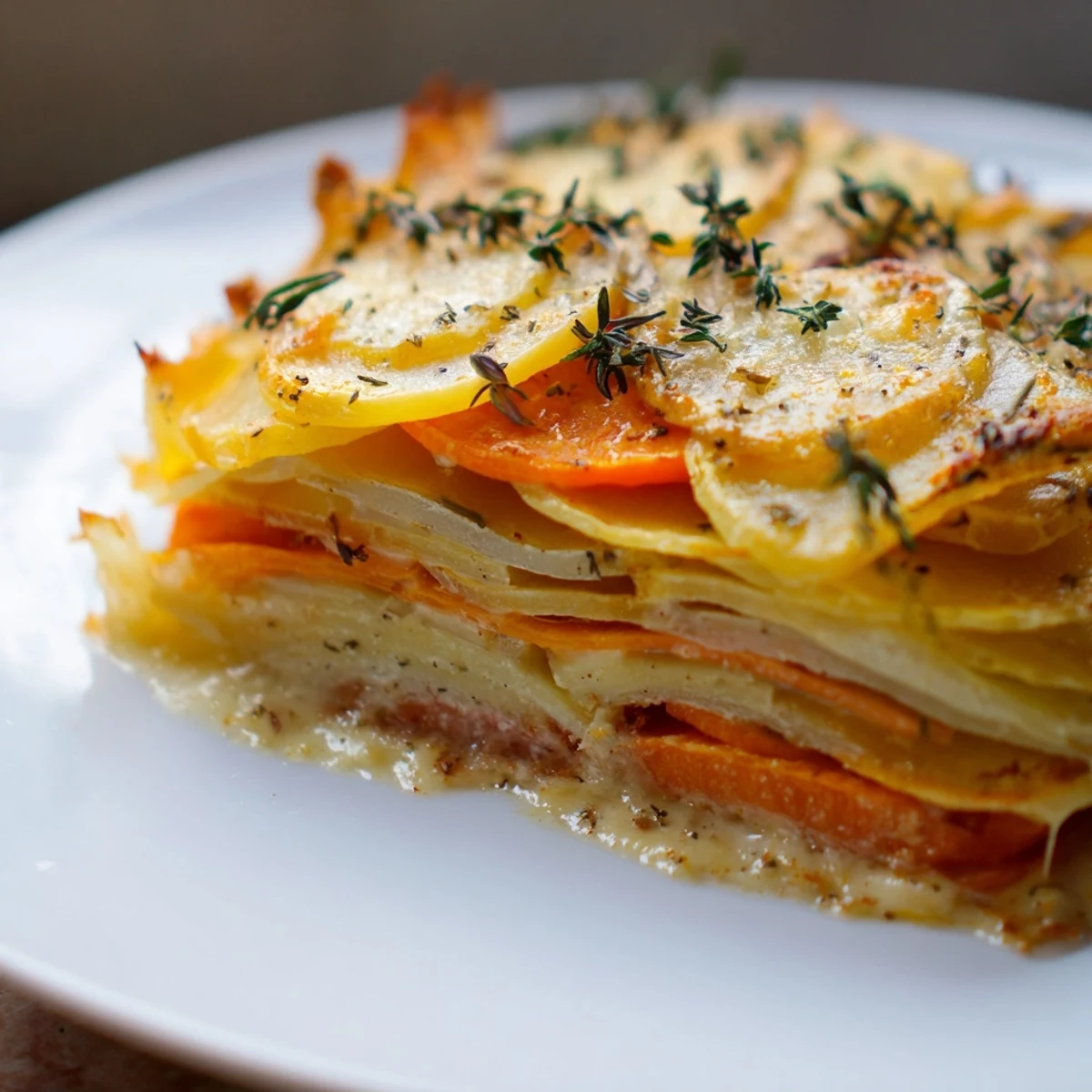 Side view of Winter Vegetable Gratin with thyme sprigs and crusty edges, ready for dinner.