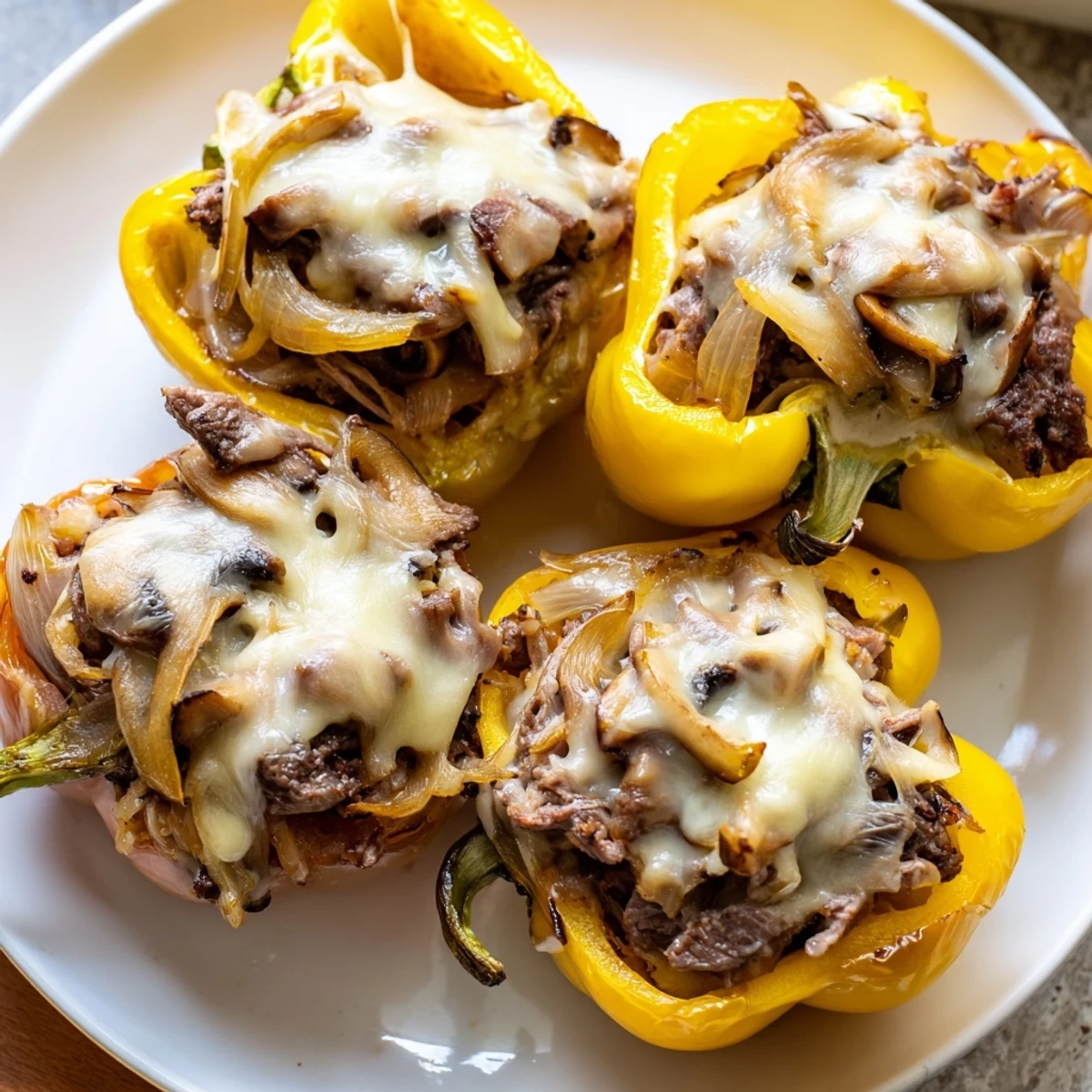 Tender bell peppers brim with savory beef and onions, topped with golden cheese for an easy, satisfying meal.