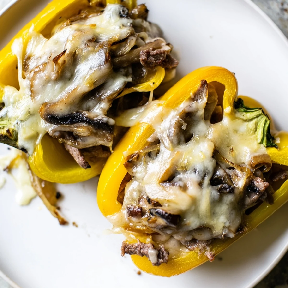 Gooey provolone melts over Beef Philly Cheesesteak Stuffed Peppers, a low-carb main dish fresh from the oven.
