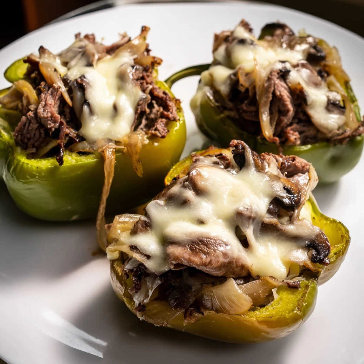 Oven-baked Beef Philly Cheesesteak Stuffed Peppers with provolone make a delicious, low-carb dinner perfect for weeknights.