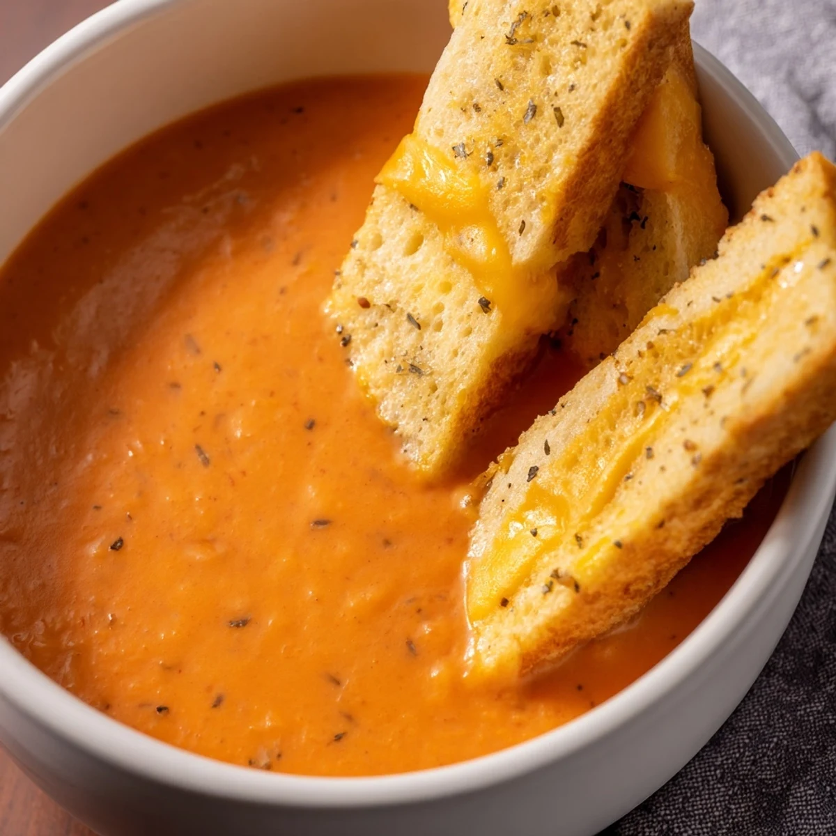 Homemade Creamy Tomato Soup with Grilled Cheese Dippers on a rustic table, featuring rich red soup and buttery crunchy breadsticks.