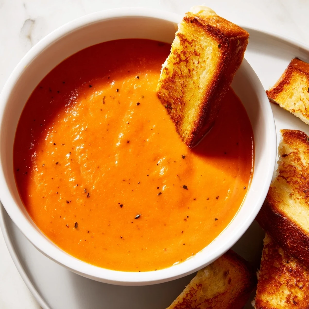 Creamy Tomato Soup with Grilled Cheese Dippers served steaming hot in a white bowl with golden strips for dipping.