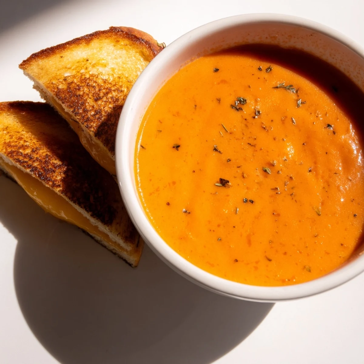 Close-up of Creamy Tomato Soup with Grilled Cheese Dippers, melted cheddar on toast strips ready to dunk into velvety soup.