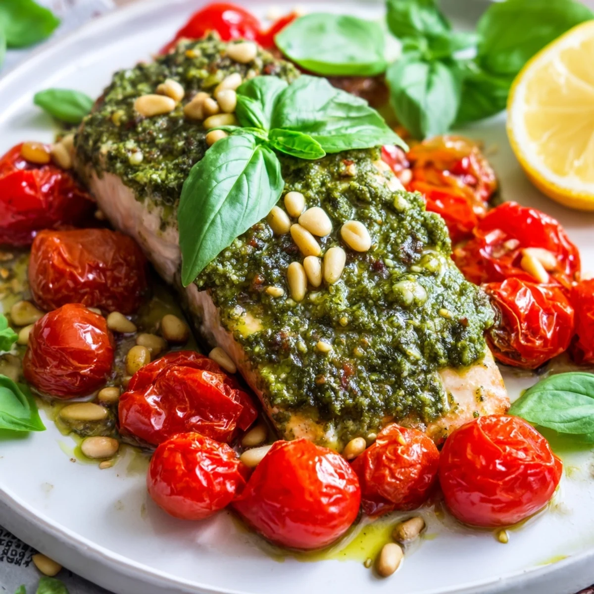 Fork-tender Baked Salmon with Pesto and Cherry Tomatoes fresh from the oven on a parchment-lined tray.