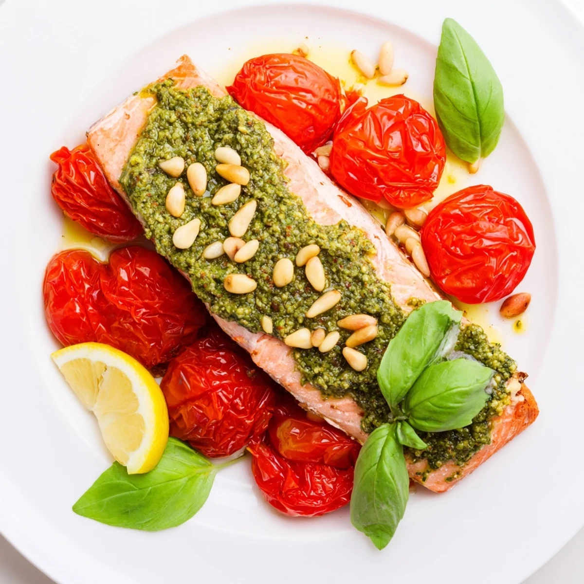 Roasted cherry tomatoes and pesto-topped Baked Salmon with Pesto and Cherry Tomatoes paired with lemon wedges.