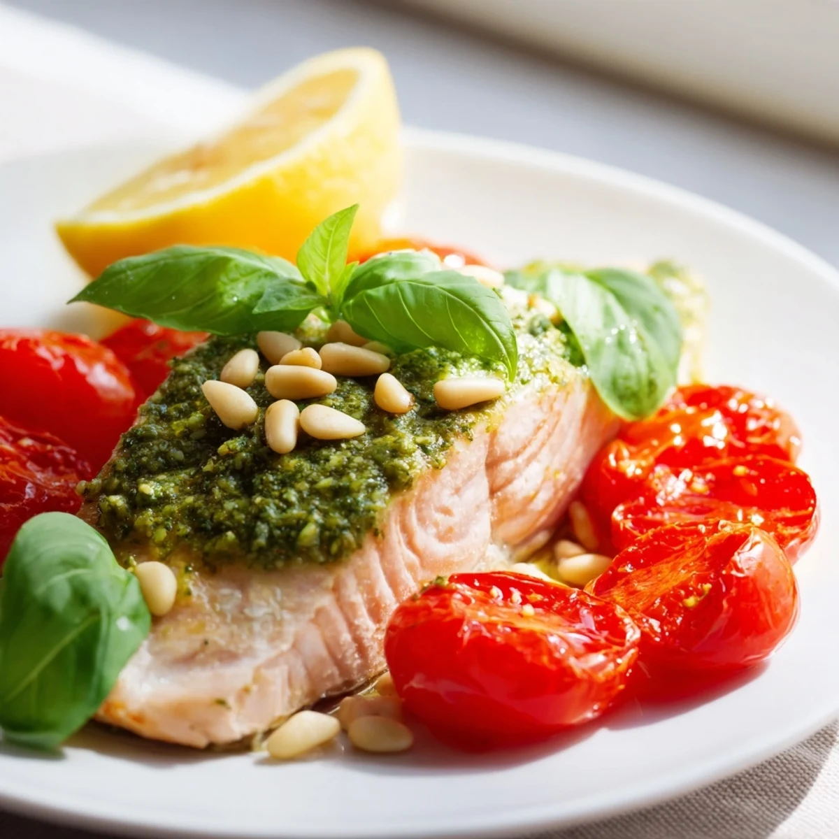 Sizzling Baked Salmon with Pesto and Cherry Tomatoes garnished with fresh basil and toasted pine nuts.