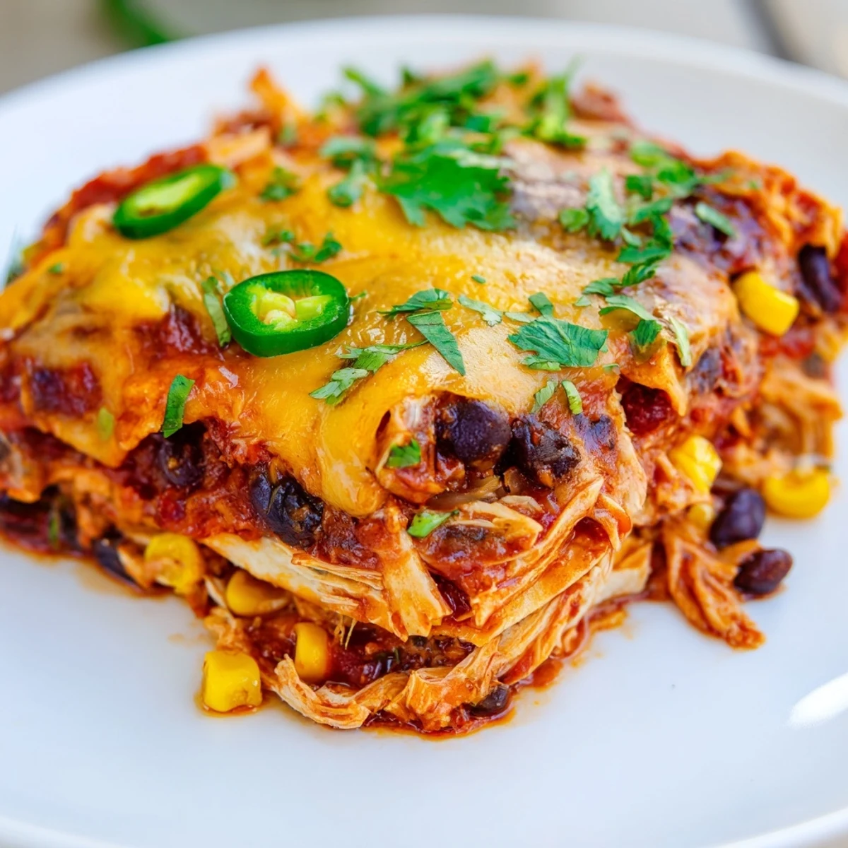 Golden, bubbling cheddar cheese blankets a hearty Chicken Enchilada Casserole in a white baking dish, ready to serve.