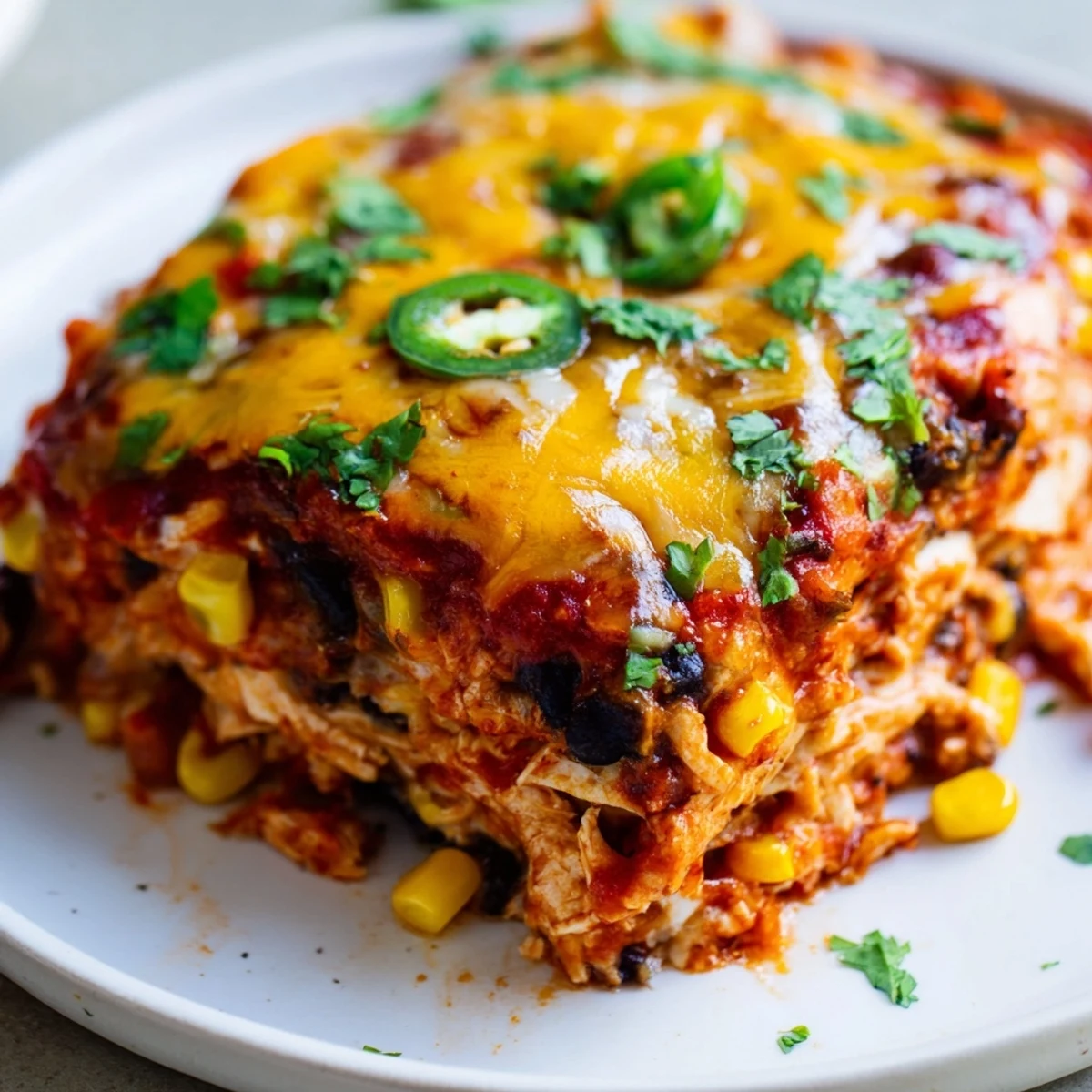 This layered Mexican-inspired casserole reveals tender chicken, corn tortillas, and rich red sauce between cheesy servings.