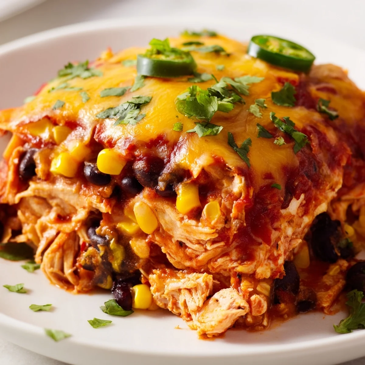 A close-up shows a cheesy serving of Chicken Enchilada Casserole on a plate with fresh cilantro garnish.