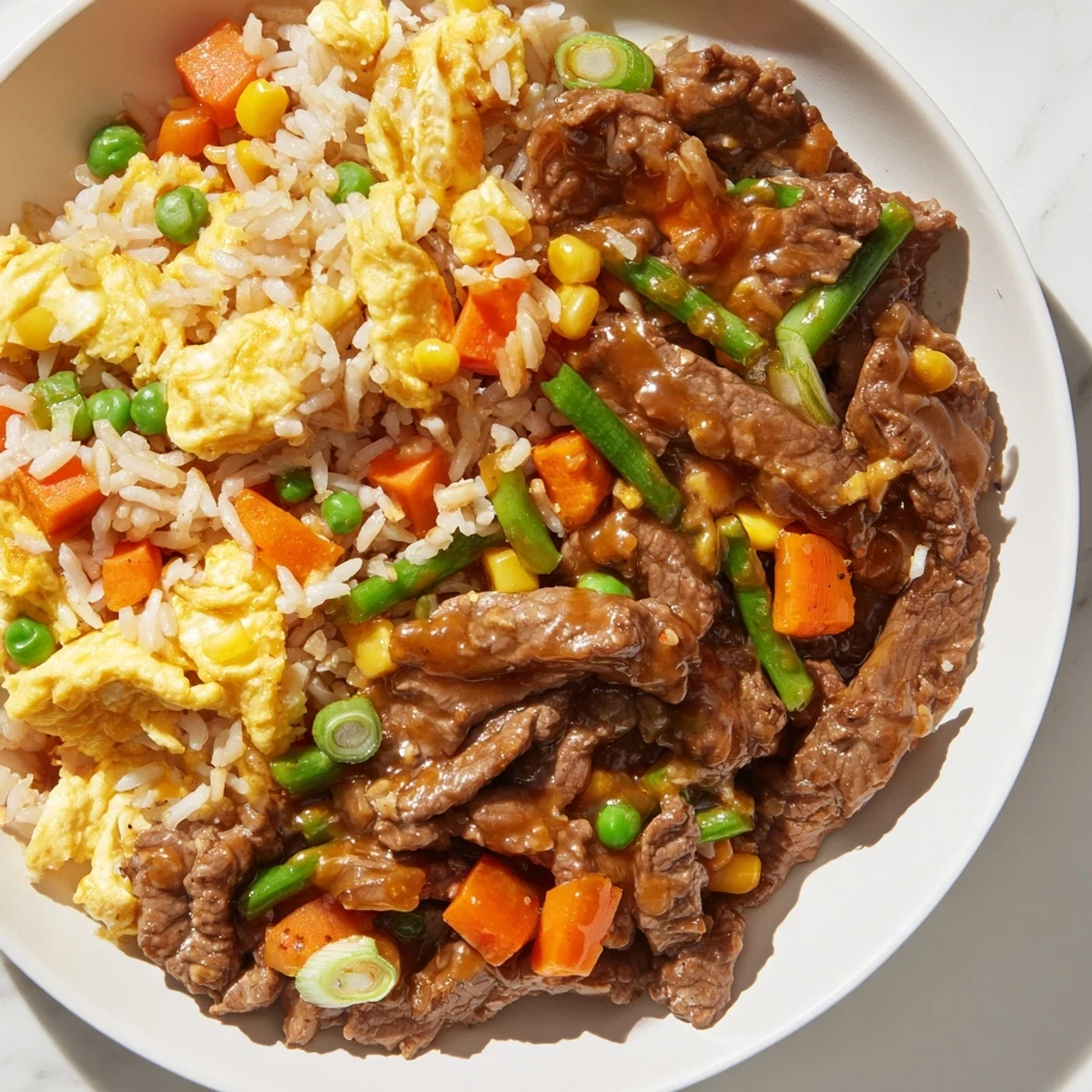 Beef Fried Rice with Mixed Vegetables and Egg served hot with fluffy scrambled eggs and crisp, colorful vegetables in a bowl.