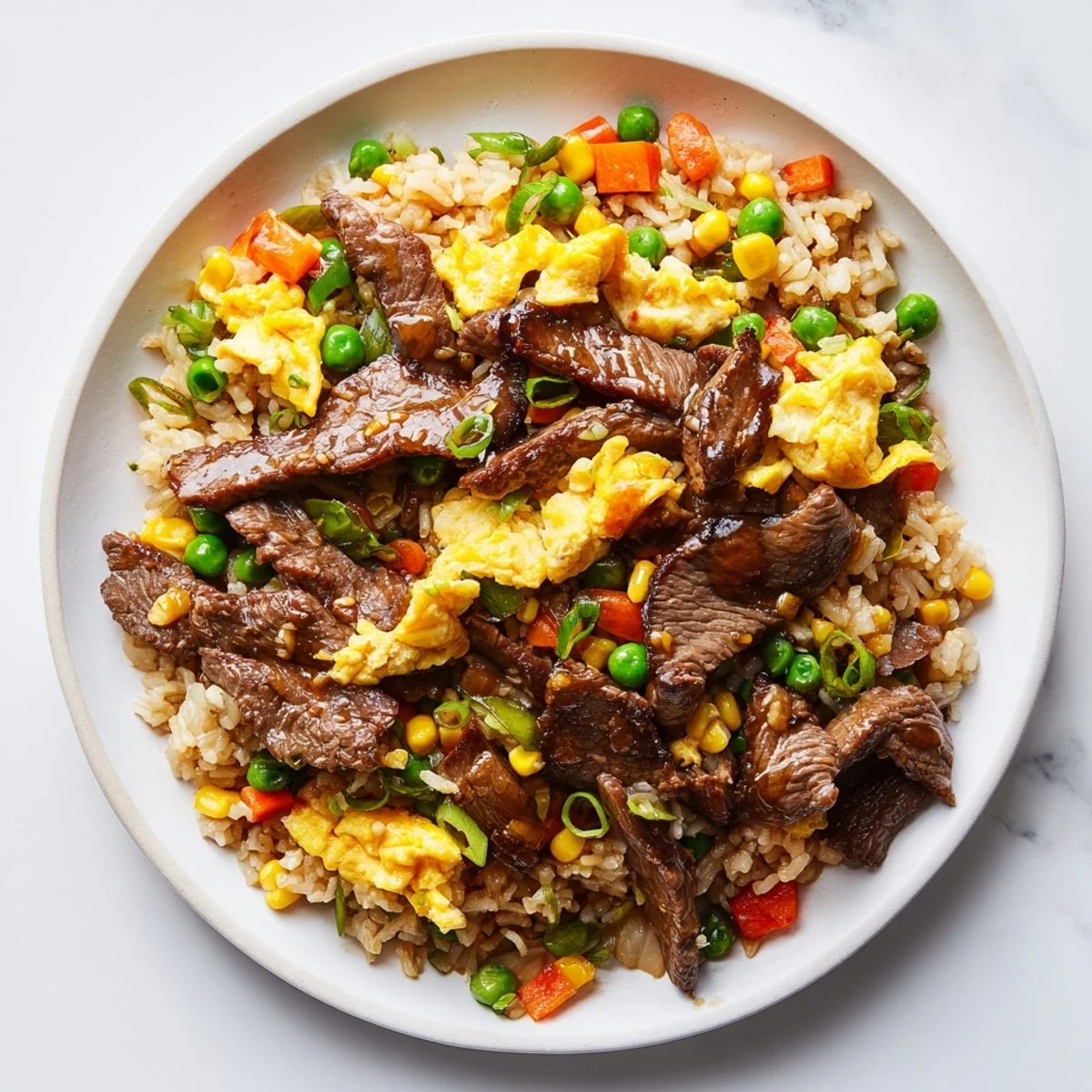 Stir-fried Beef Fried Rice with Mixed Vegetables and Egg featuring tender beef and savory soy aroma, perfect for a weeknight dinner.
