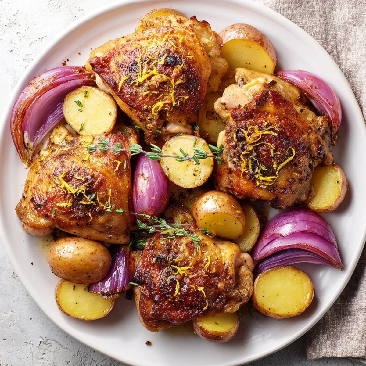 Golden-brown Lemon Garlic Roasted Chicken Thighs with Potatoes sit beside fresh thyme and lemon wedges. 