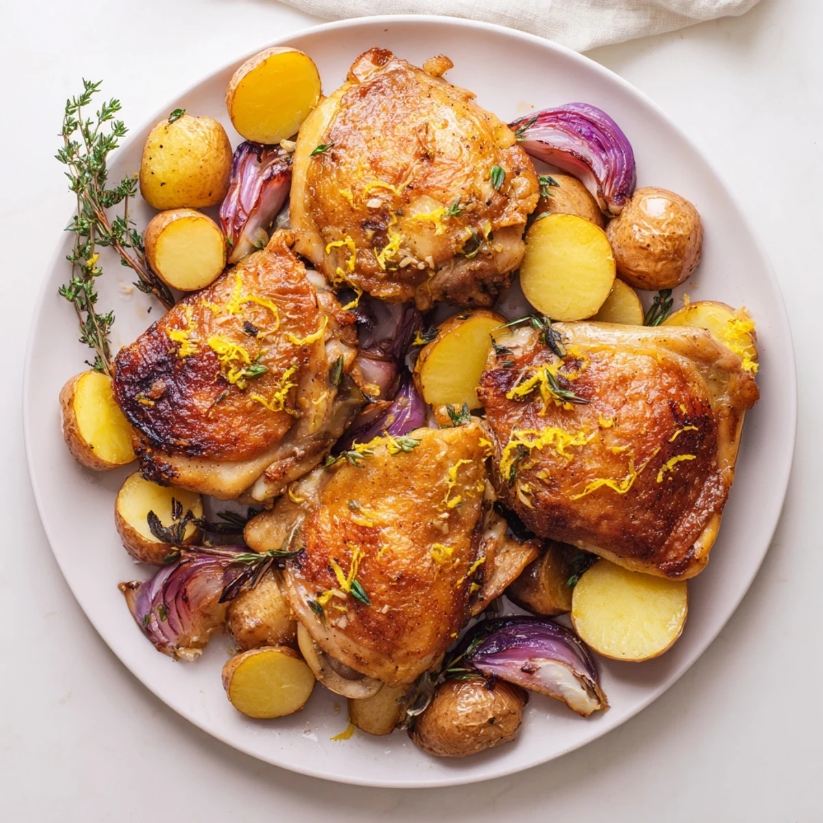 Juicy Lemon Garlic Roasted Chicken Thighs with Potatoes are served with a quick Mediterranean salad. 