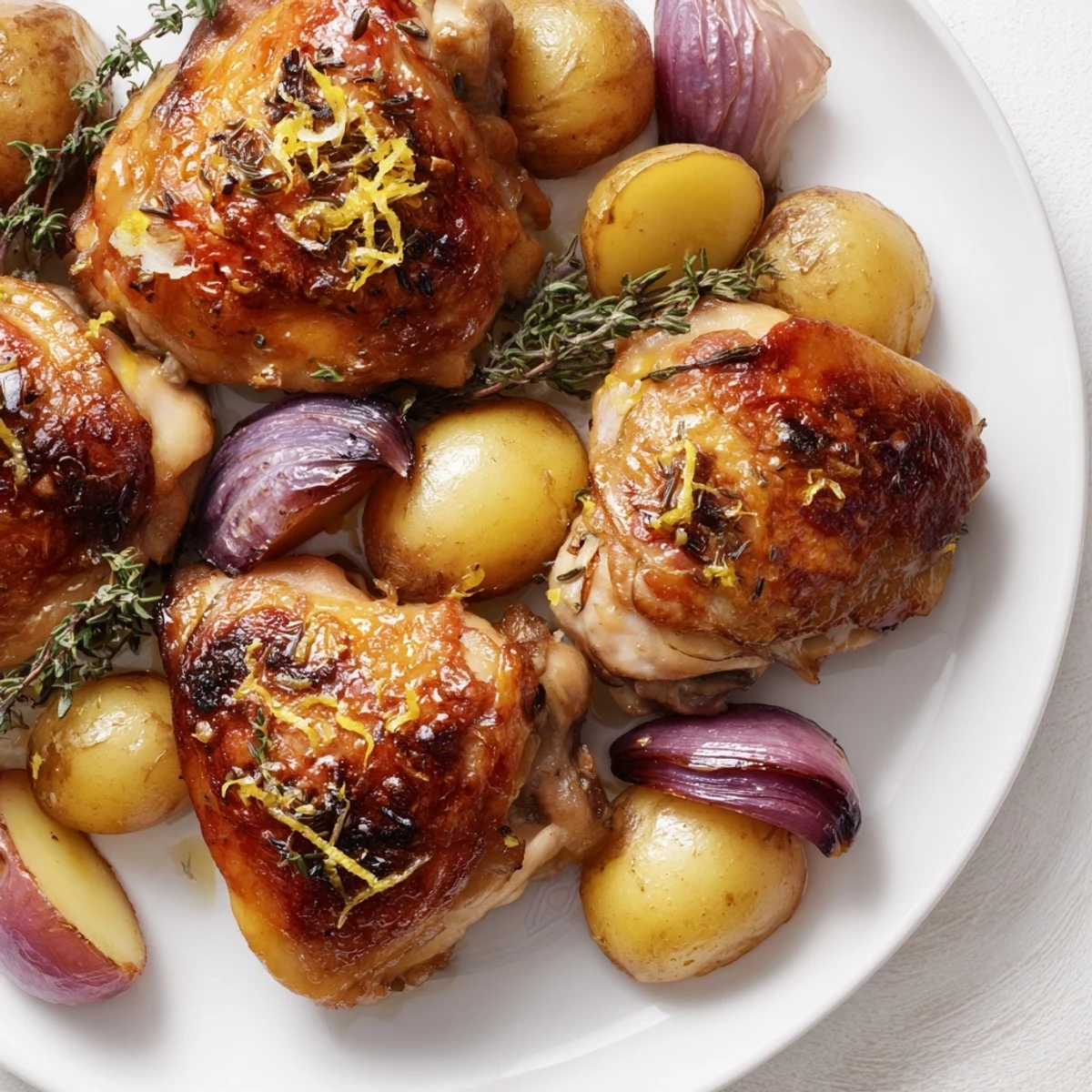 Fresh parsley garnishes crispy-skinned Lemon Garlic Roasted Chicken Thighs with Potatoes in a rustic baking pan.