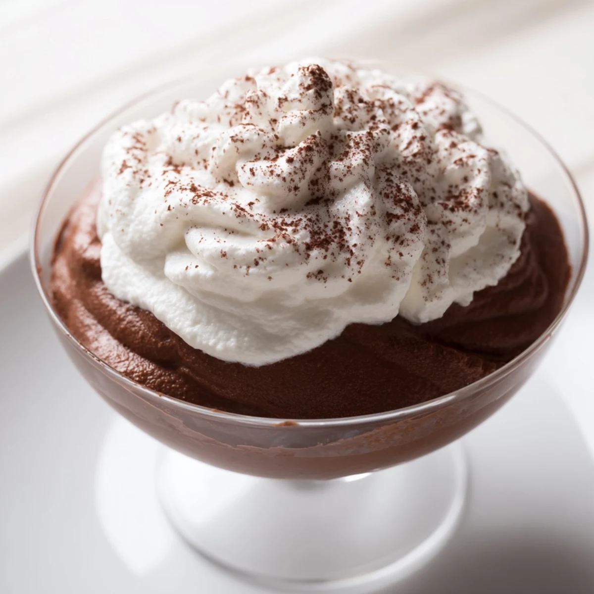 Creamy Chocolate Mousse topped with a fluffy swirl of homemade whipped cream in a glass.