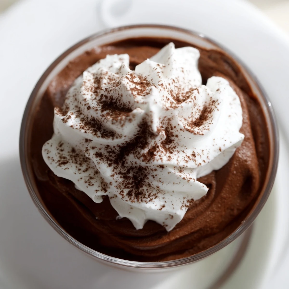 Rich Chocolate Mousse dessert served in clear glasses, layered with airy whipped cream.