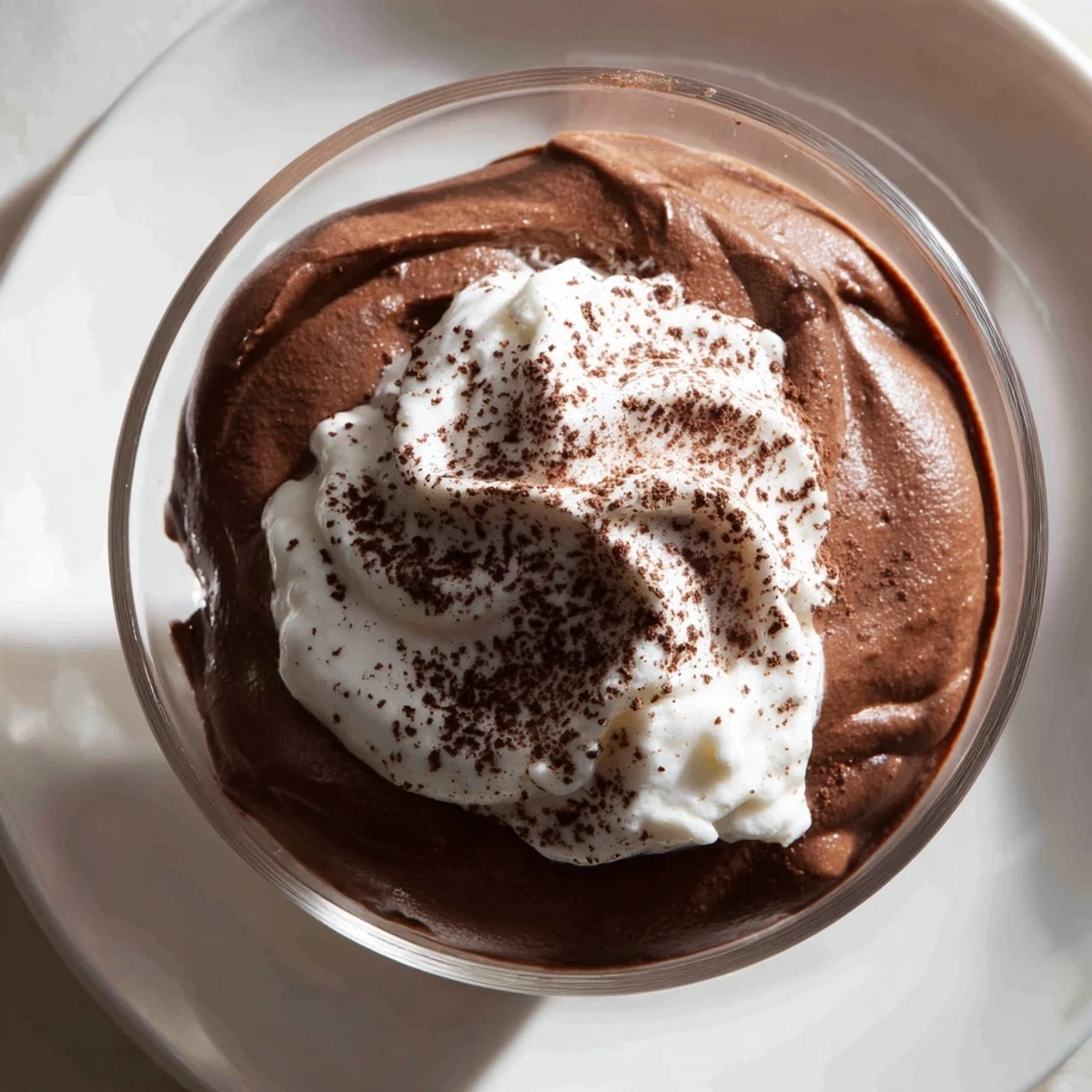 Elegant Chocolate Mousse garnished with cocoa powder beside a dollop of whipped cream.