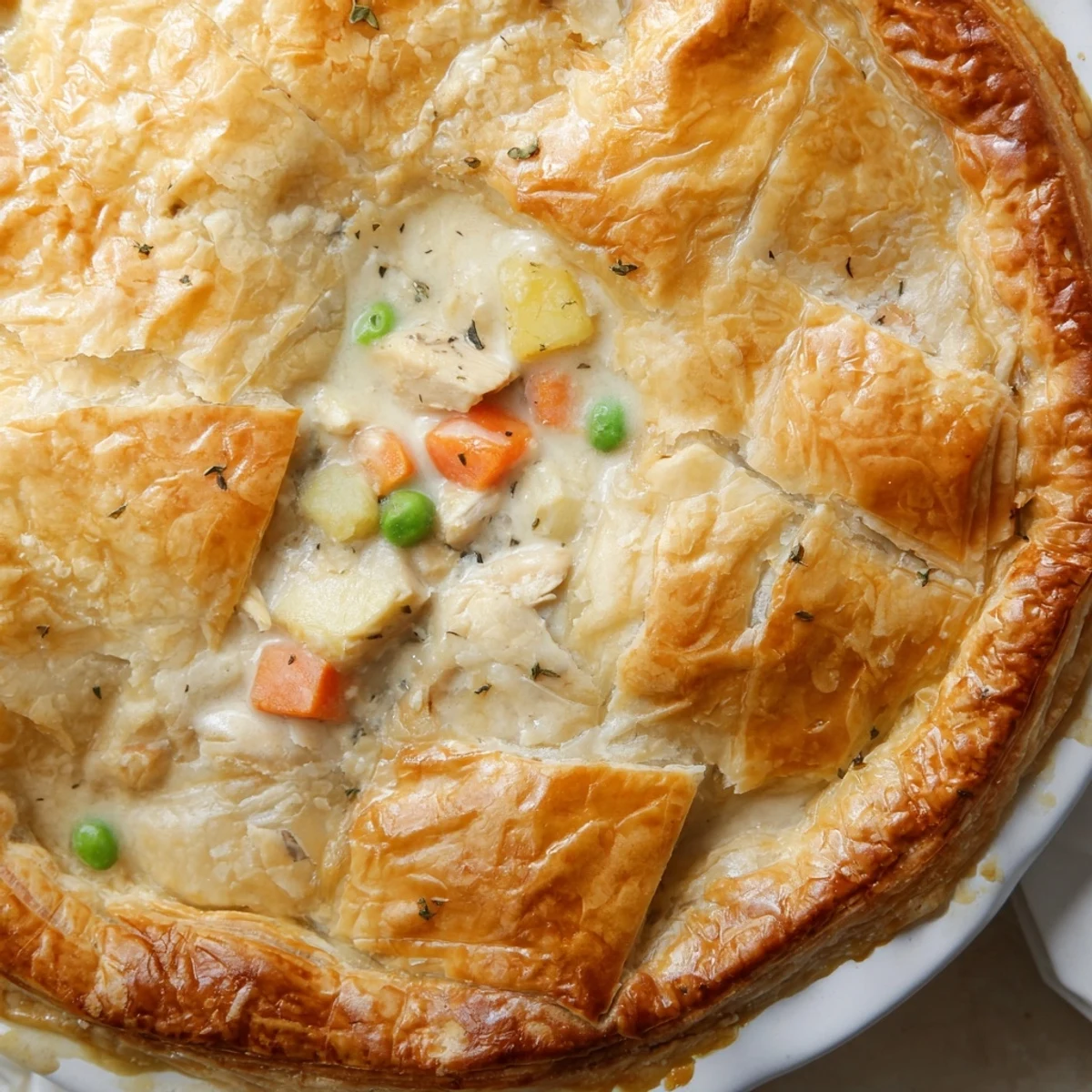 Golden, flaky puff pastry crust tops a bubbling turkey pot pie filled with creamy vegetables and herbs.