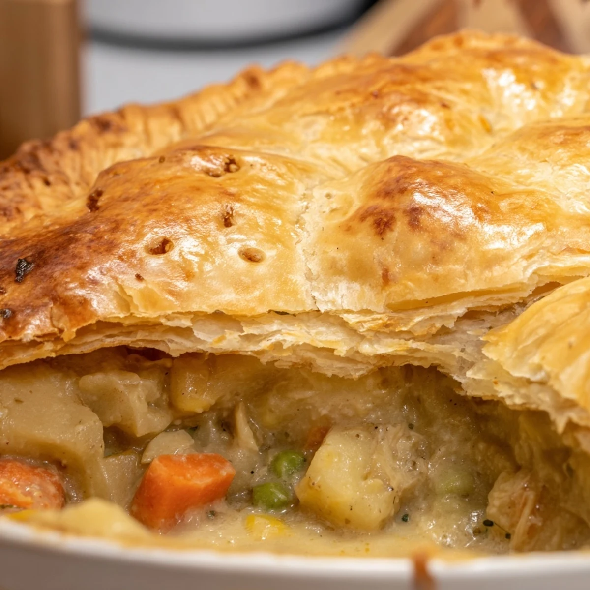 Fresh thyme and sage season the hearty turkey and veggie filling in a deep-dish pot pie.