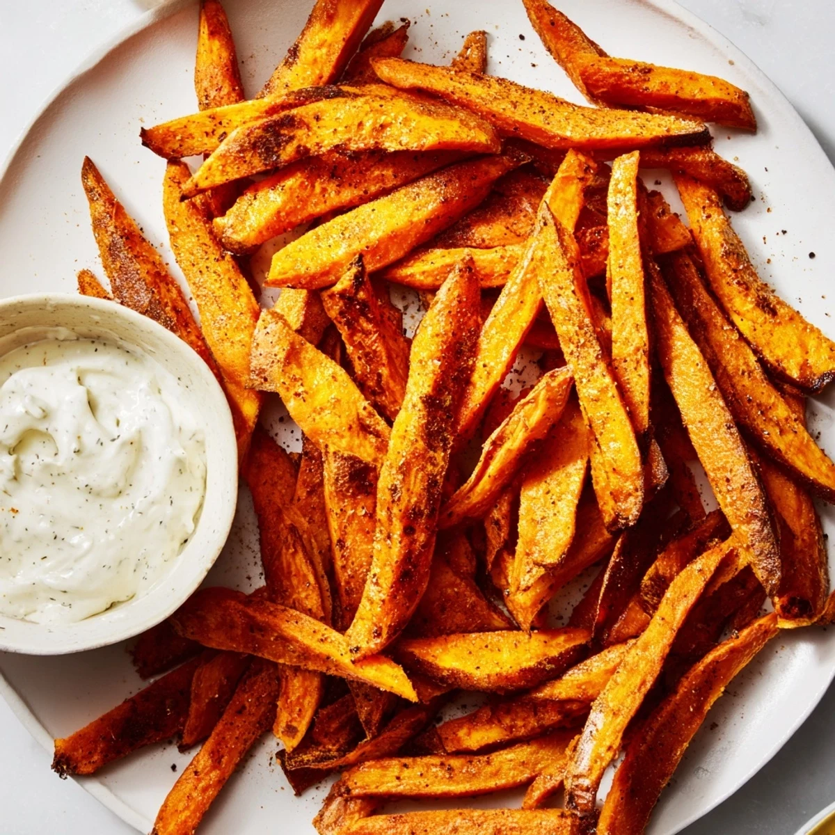 Freshly cooked Crispy Air Fryer Sweet Potato Fries with Dip, golden brown with a tangy creamy yogurt sauce.