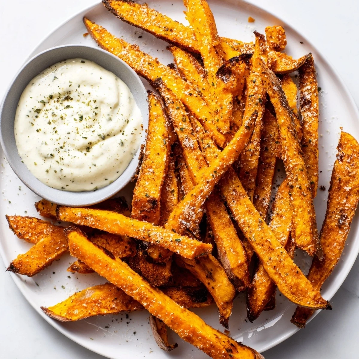 Golden batch of Crispy Air Fryer Sweet Potato Fries with Dip, showing a perfect crunchy texture for snacking.