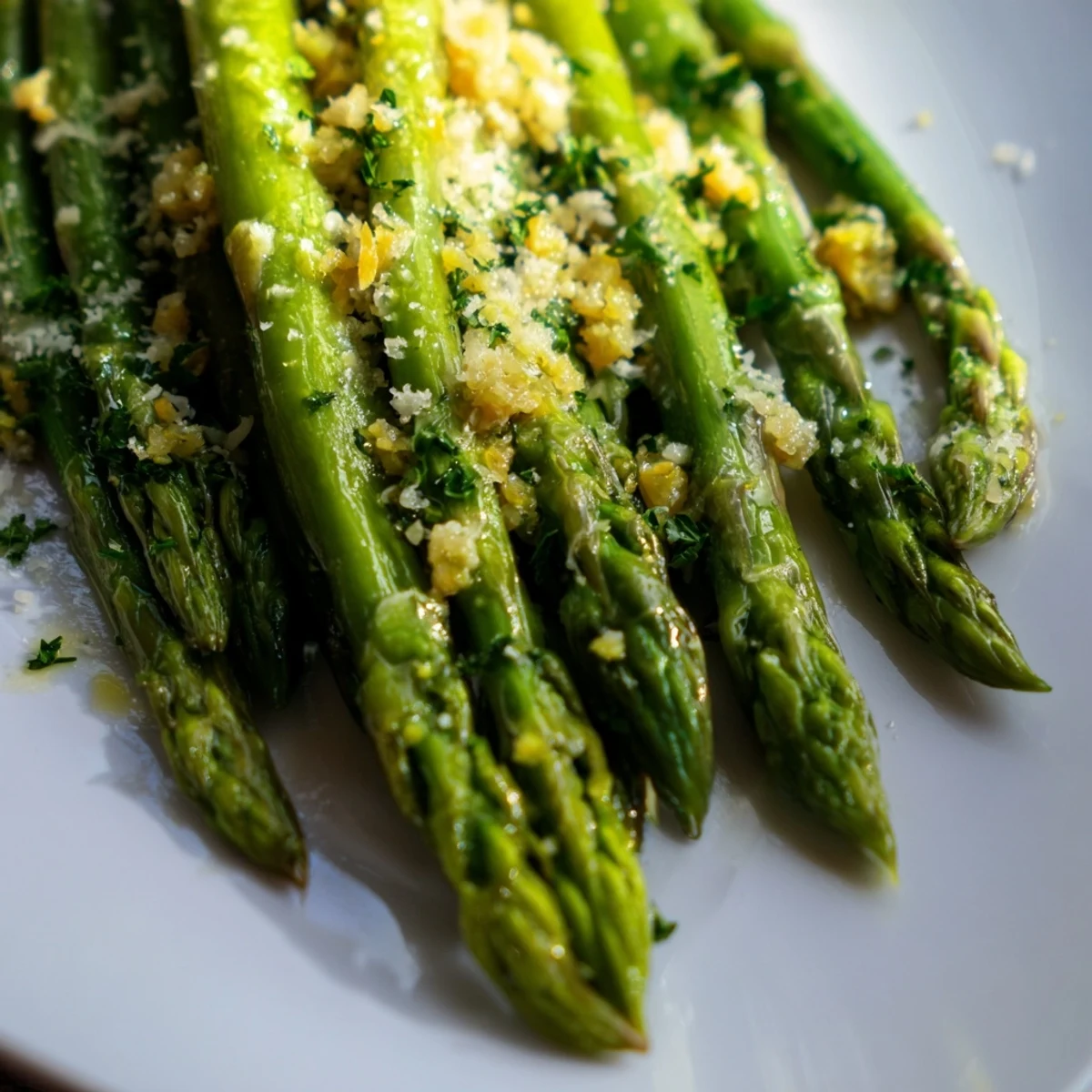 Crisp-tender lemon garlic asparagus with a bright zesty finish, garnished with parsley for a fresh spring side dish.