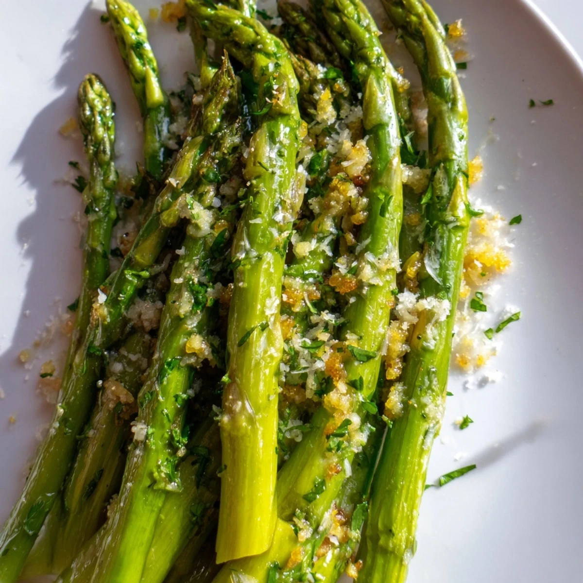 Sautéed lemon garlic asparagus with golden garlic notes and a squeeze of citrus, served warm alongside grilled salmon.