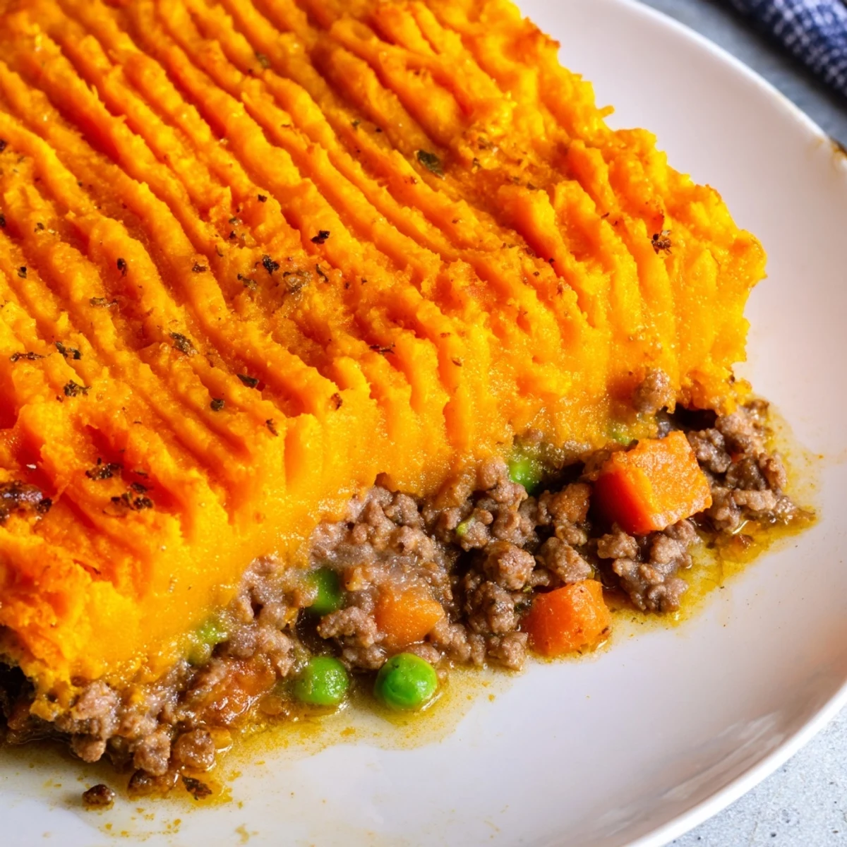 A close-up view reveals the rich, golden crust of Beef Shepherds Pie with Sweet Potato, served in a rustic baking dish.