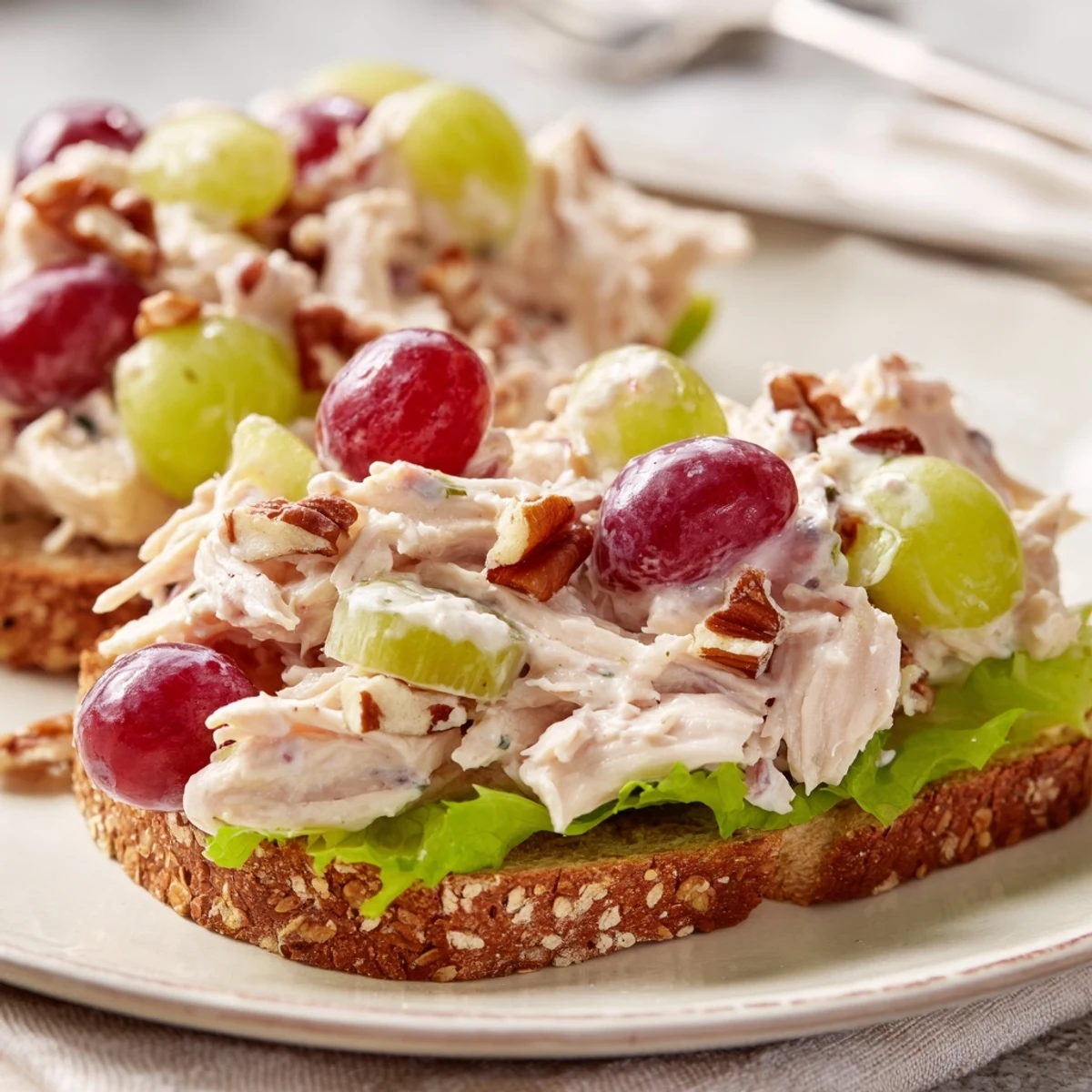 Freshly made Chicken Salad Sandwich with Grapes served on a toasted roll, showcasing juicy red grapes and crisp lettuce.  