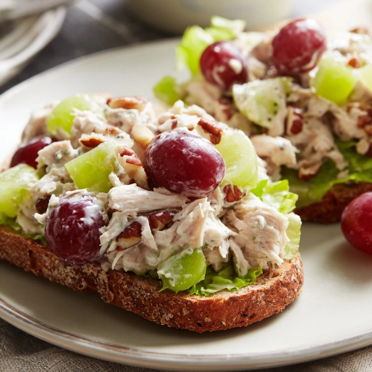 A picnic-ready Chicken Salad Sandwich with Grapes on whole grain bread, paired with iced tea and fresh grapes.