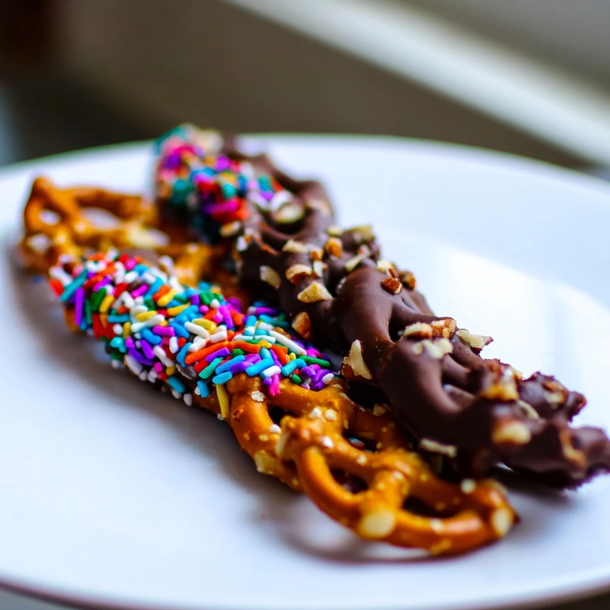 A close-up of chocolate covered pretzels drizzled with white chocolate, nestled beside a glass of cold milk for dipping.  