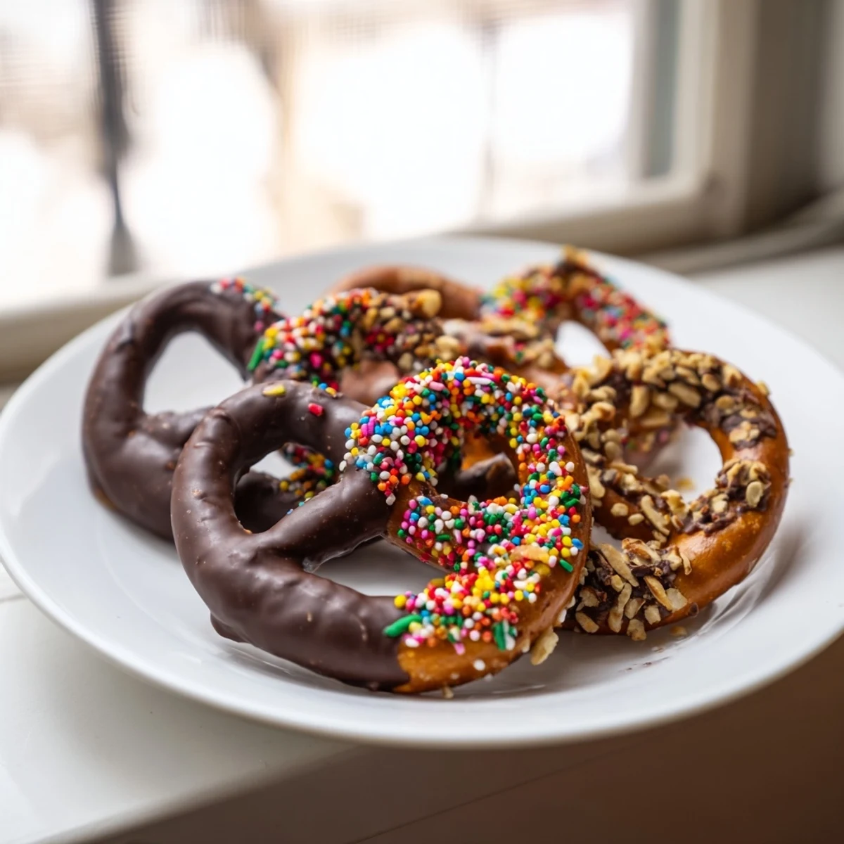Chocolate covered pretzels arranged in a glass jar, topped with chopped nuts and coconut flakes, perfect for a party favor.