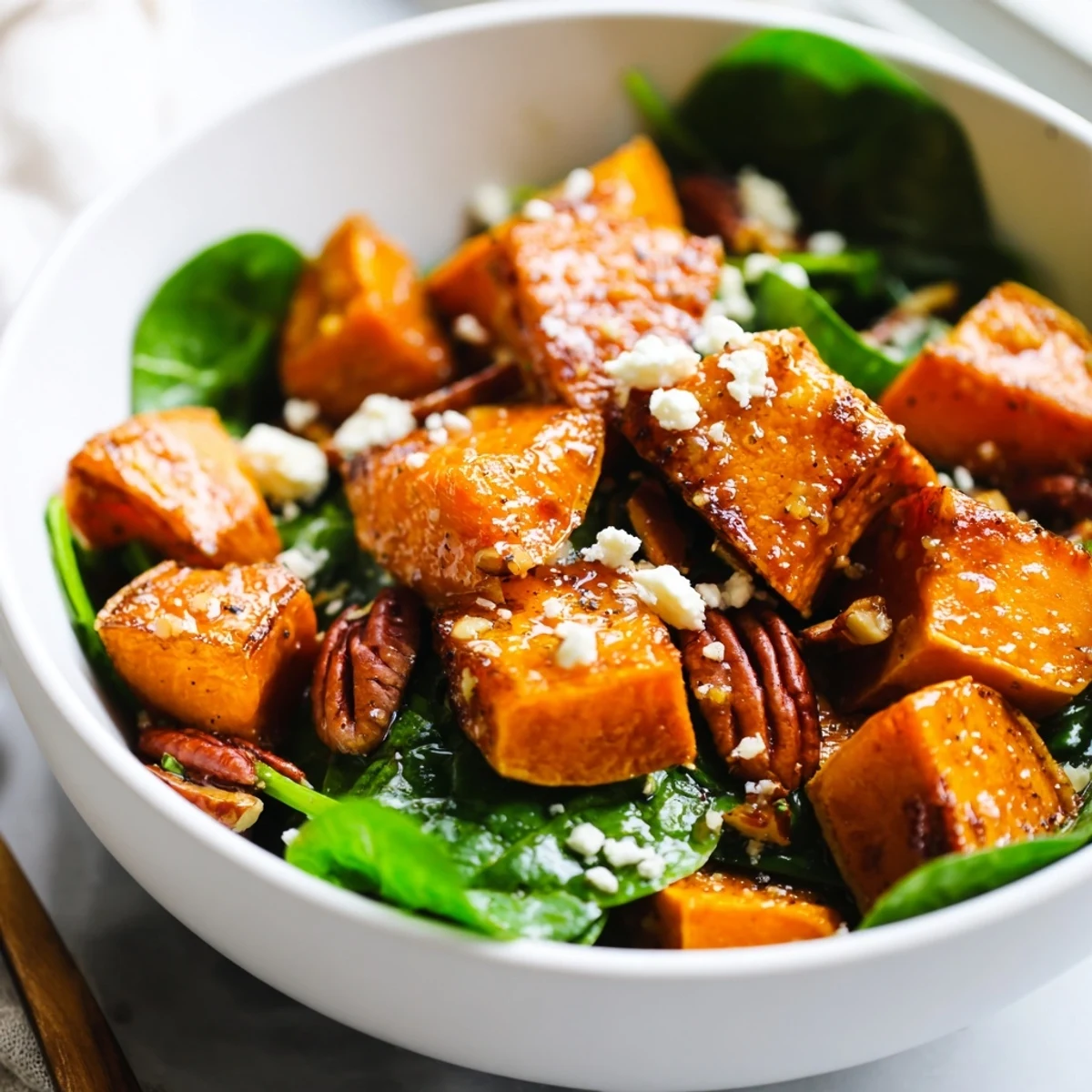 Golden roasted sweet potato salad with fresh spinach, creamy avocado, and feta crumbles on a rustic table.  