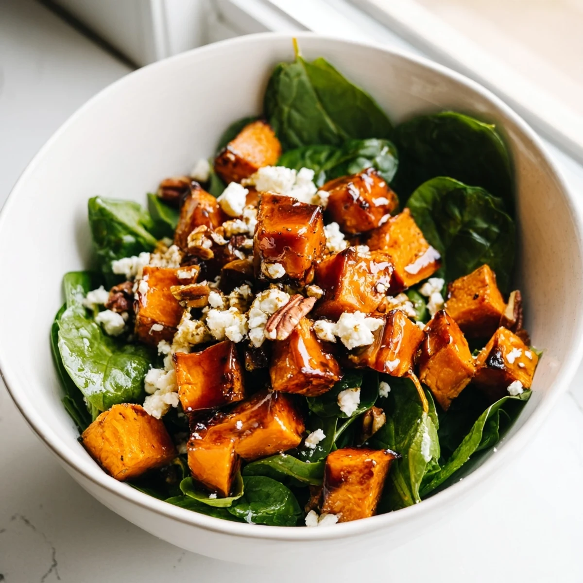 Hearty roasted sweet potato salad served warm with crisp greens and a tangy maple-mustard vinaigrette.  